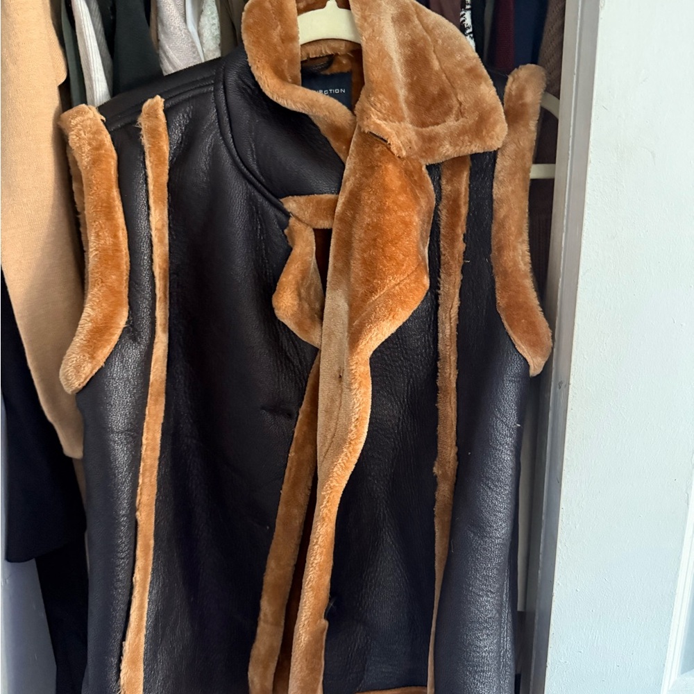 French Connection Black and Tan Shearling Vest